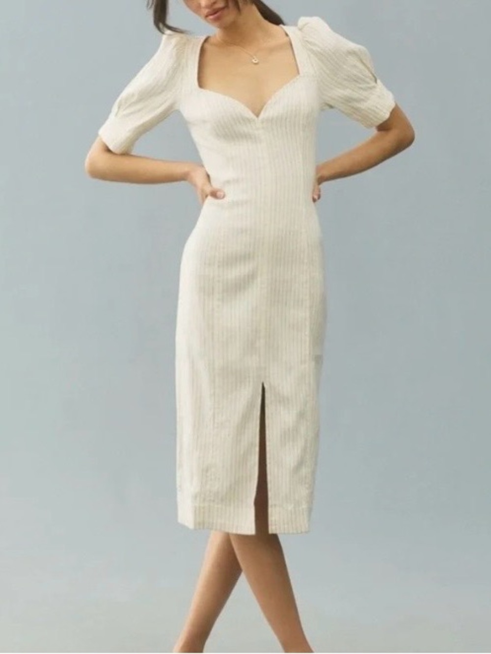Pilcro Cream Ribbed Midi Dress with Puff Sleeves